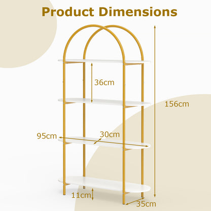 Arched Bookshelf 4-Tier Industrial Open Bookcase with Sturdy Metal Frame-White and Golden