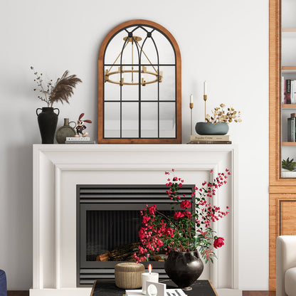 Arched Window Finished Wall Mounted Mirror with Back Board-Natural