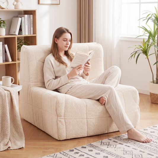 Armless Upholstered Lazy Floor Sofa with Soft Teddy Fleece Cover-Beige