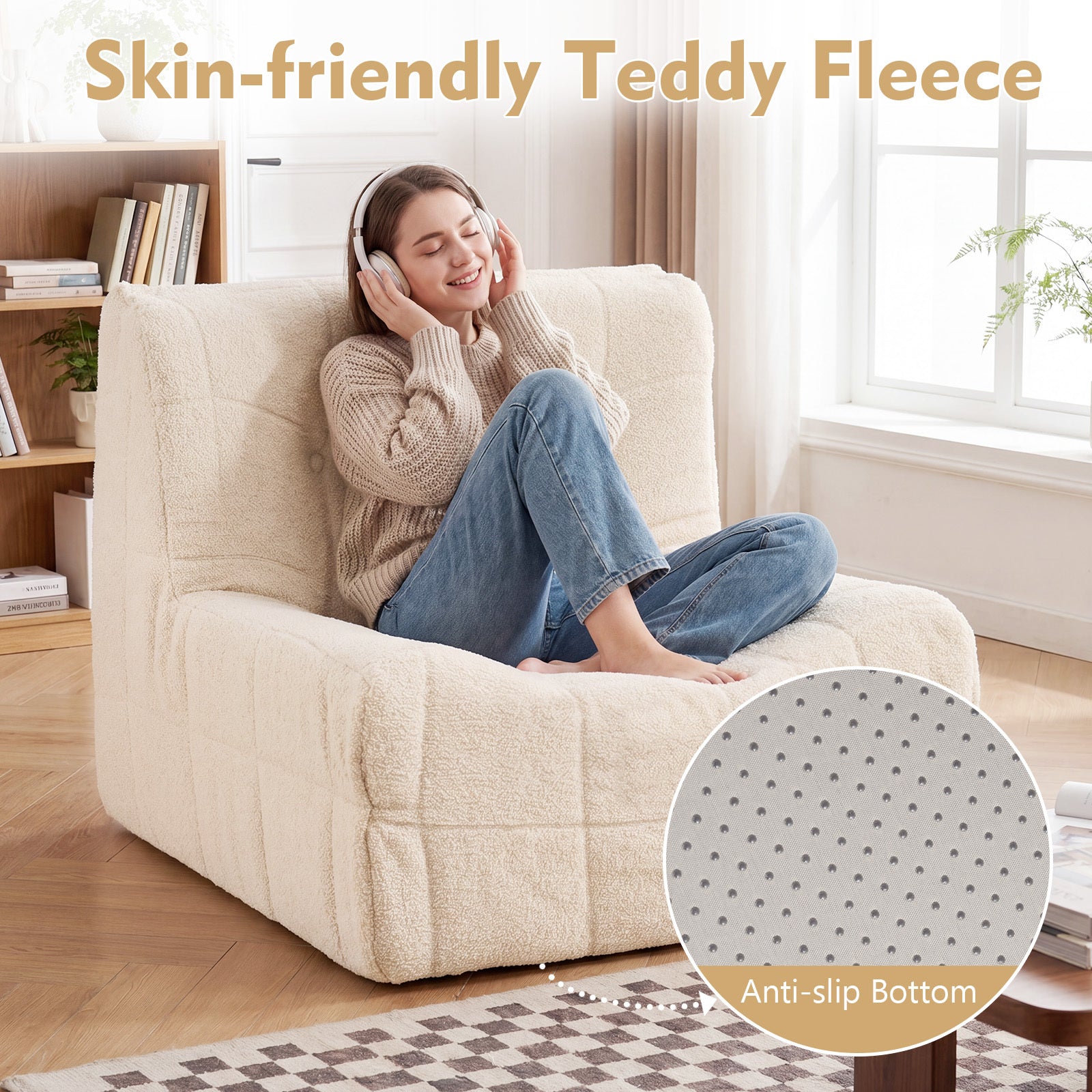 Armless Upholstered Lazy Floor Sofa with Soft Teddy Fleece Cover-Beige