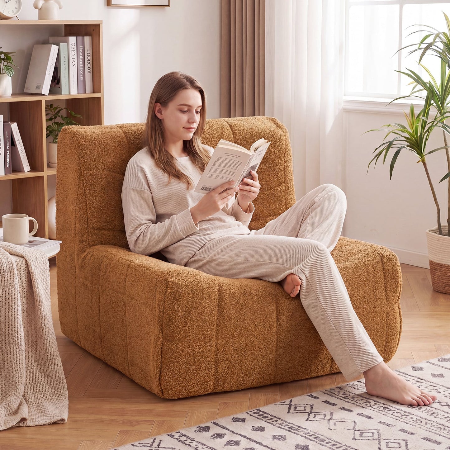 Armless Upholstered Lazy Floor Sofa with Soft Teddy Fleece Cover-Rustic Brown