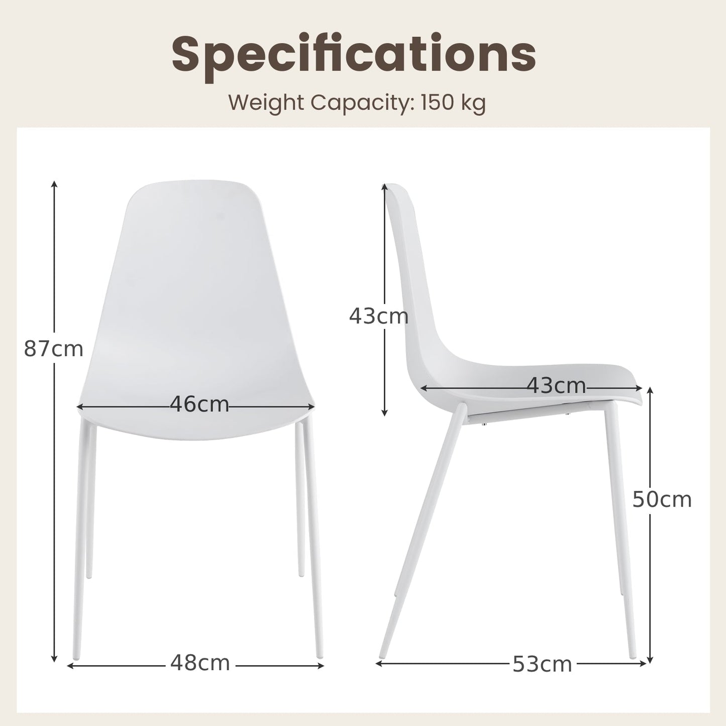Armless Dining Chair Set of 4 Metal Leg Leisure Chair-White