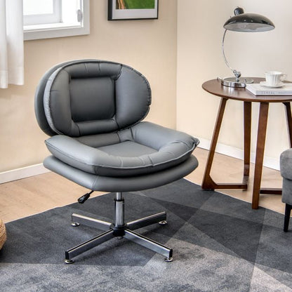 Armless Office Chair with Double Padded Back and Criss Cross Metal Base-Grey