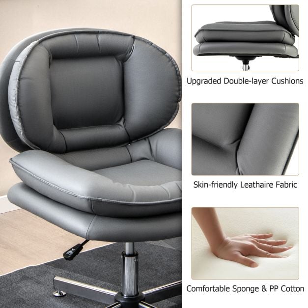 Armless Office Chair with Double Padded Back and Criss Cross Metal Base-Grey