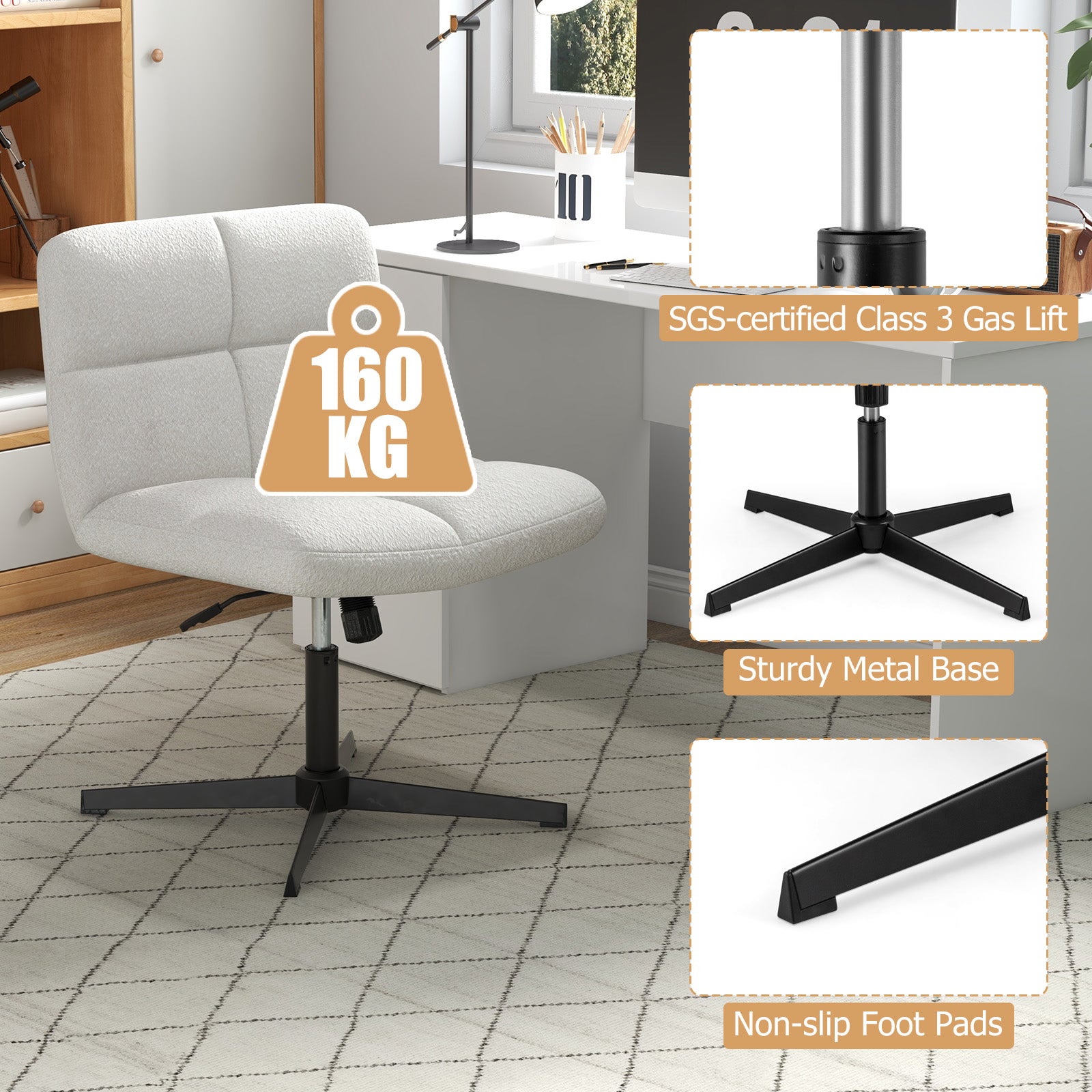 Armless Office Desk with Adjustable Height for Home Office-White