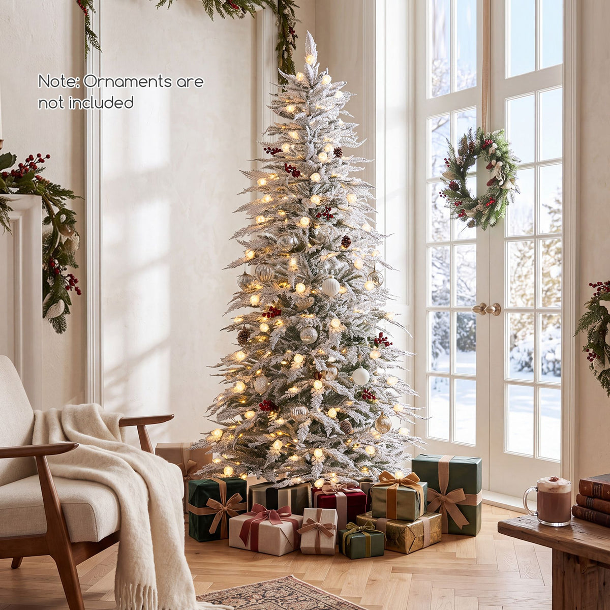 Artificial Flocked Christmas Tree with Branch Tips and Pine Cones-1.8 M