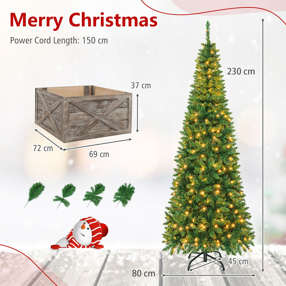 Artificial Pencil Christmas Tree with LED Lights in 3 Sizes-7.5FT