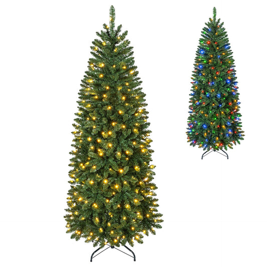 Artificial Pine Xmas Tree with Full Branch Tips LED Lights with 2 Colors Folding Metal Stand-1.8M