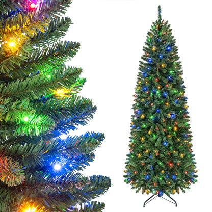 Artificial Pine Xmas Tree with Full Branch Tips LED Lights with 2 Colors Folding Metal Stand-2.1M