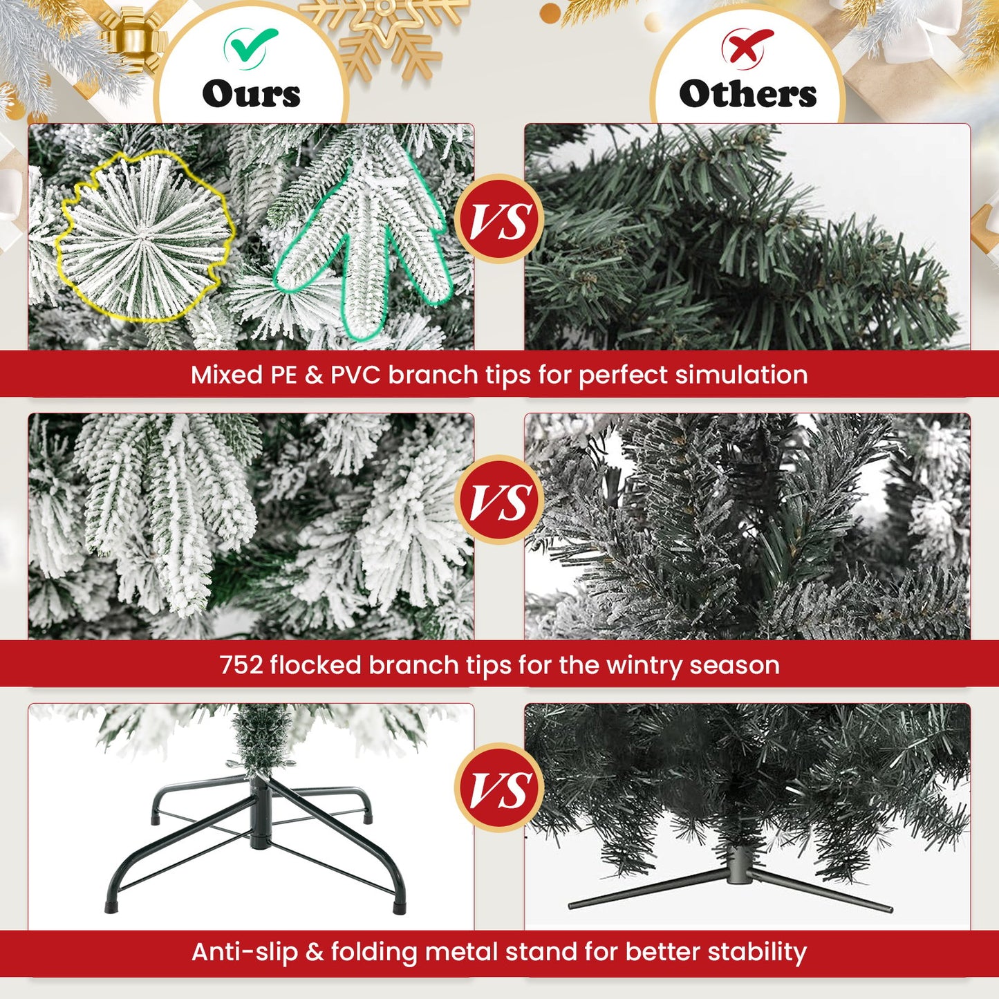 Artificial Christmas Tree with LED Lights, 8 Lighting Modes and Foldable Metal Stand-6 ft