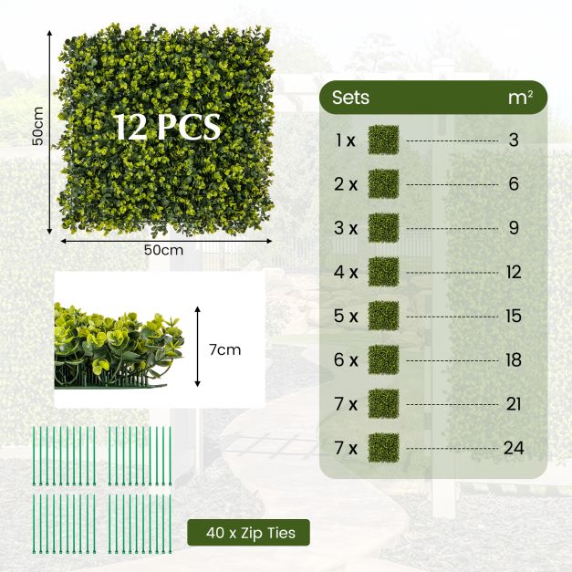 12 Pieces 50 x 50 cm Artificial Hedge Boxwood Panels with 7cm Thickness