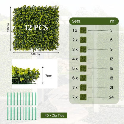 12 Pieces 50 x 50 cm Artificial Hedge Boxwood Panels with 7cm Thickness