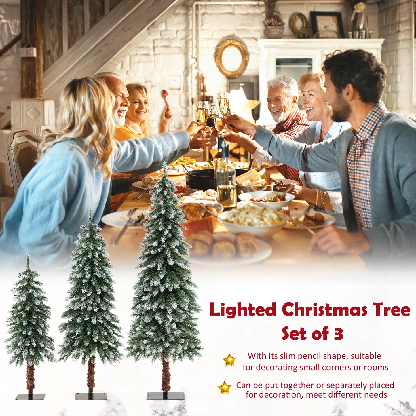 Artificial Xmas Tree Set of 3 with PVC Branch Tips and Warm White LED Lights