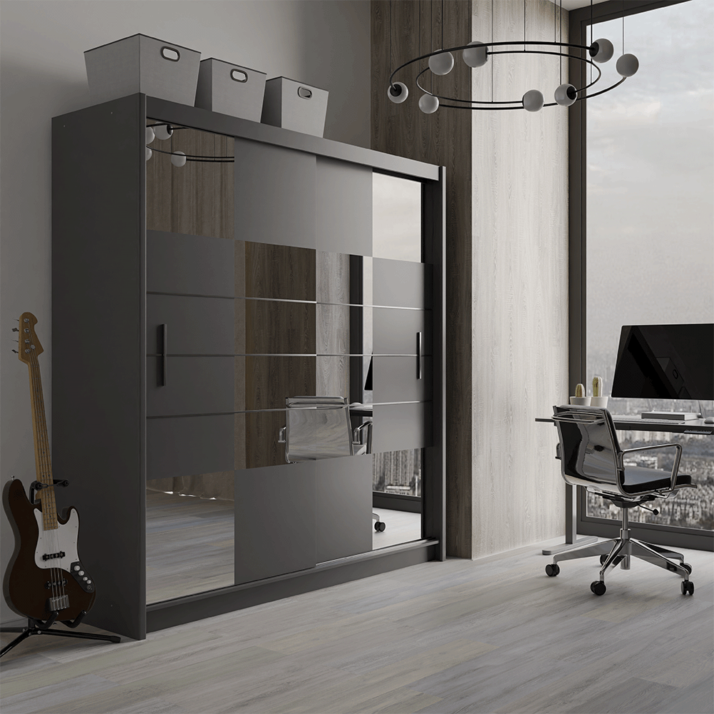 Graphite Mirrored Sliding Door Wardrobe 203cm – LEIGHTON