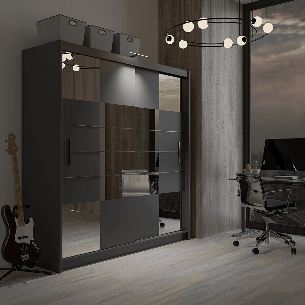 Graphite Mirrored Sliding Door Wardrobe 203cm – LEIGHTON