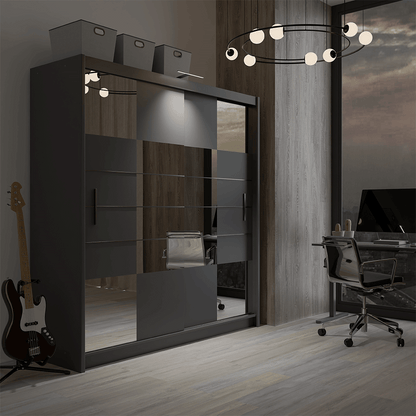 Graphite Mirrored Sliding Door Wardrobe 203cm – LEIGHTON