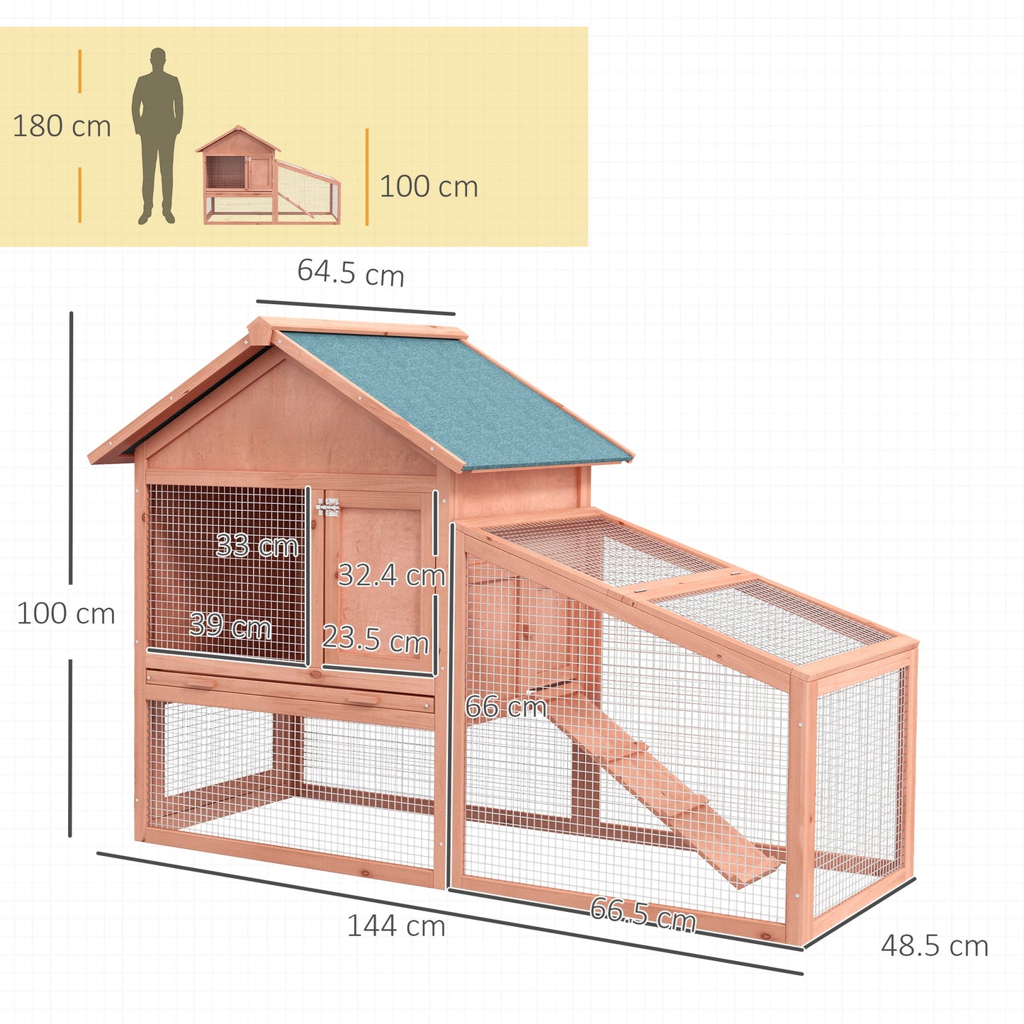 PawHut 2 Tier Rabbit Hutch Outdoor Water Resistant Asphalt Roof Ramp Sliding Tray 144 x 64.5 x 100 cm - Natural wood