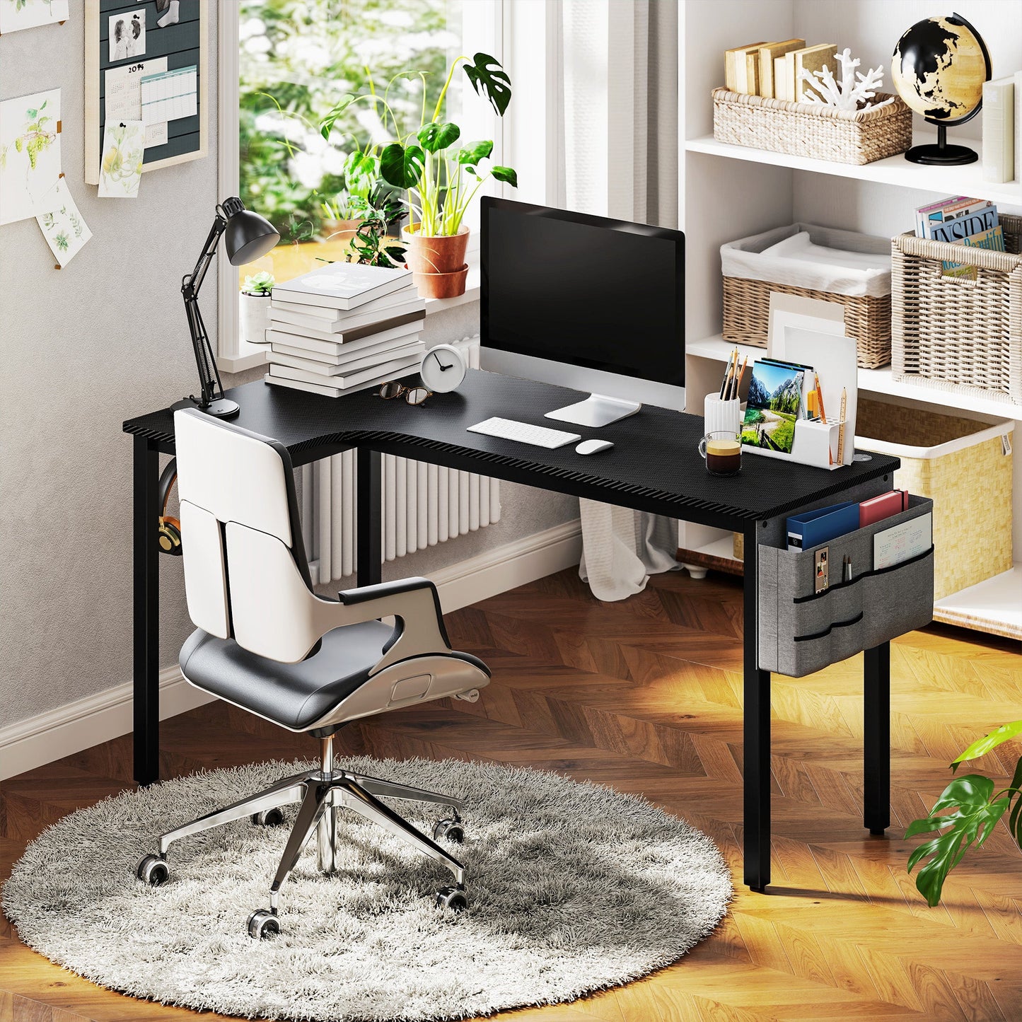 Biurko komputerowe do gier HOMCOM w kształcie litery L z torbą materiałową, haczykami i systemem zarządzania kablami, 145 x 81 x 76 cm - czarne