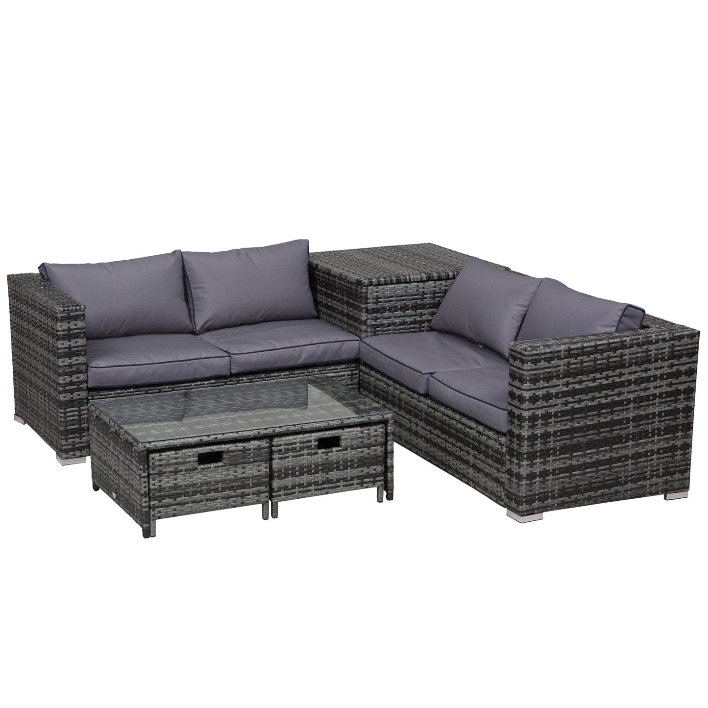 Outsunny 4-częściowy zestaw mebli ogrodowych z rattanu, wikliny, na patio, sofa, przechowywanie i stół z 2 szufladami, stolik kawowy, świetna, wyściełana sofa narożna z 4 miejscami - szary