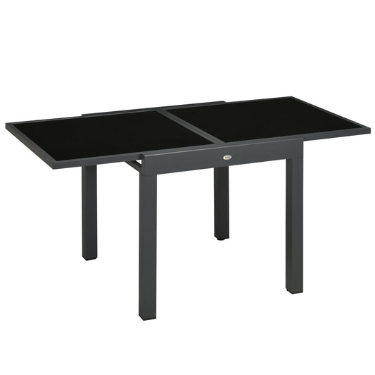 Outsunny Rozkładany Stół Ogrodowy, Stół Jadalny Do Użytku Na Zewnątrz Z Aluminiową Ramą I Blatem Ze Szkła Hartowanego, 80/160 x 80 x 75 cm, Czarny
