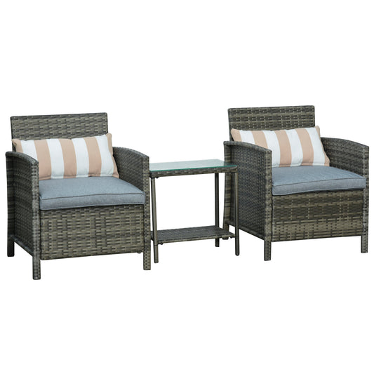 Outsunny Garden Rattan Furniture 3 قطع فناء بيسترو مجموعة كرسي أريكة وطاولة منسوجة من الخيزران مع وسادة وسادة - رمادي