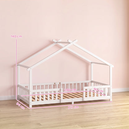 AIYAPLAY Wooden Kids House Single Bed Frame, Solid Pine Wood Toddler Bed with Dual Guardrails for Children, Boys, Girls, White