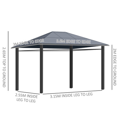 Outsunny 3 x 3.6m Hardtop Gazebo Canopy with Polycarbonate Roof, Permanent Pavilion Garden Gazebo with Curtains for Patio, Deck, Grey