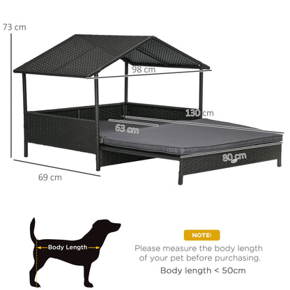 PawHut Extendable Elevated Dog Bed, Rattan Dog House w/ Water-Resistant Roof, Removable Cushion, for Small, Medium Dogs - Grey