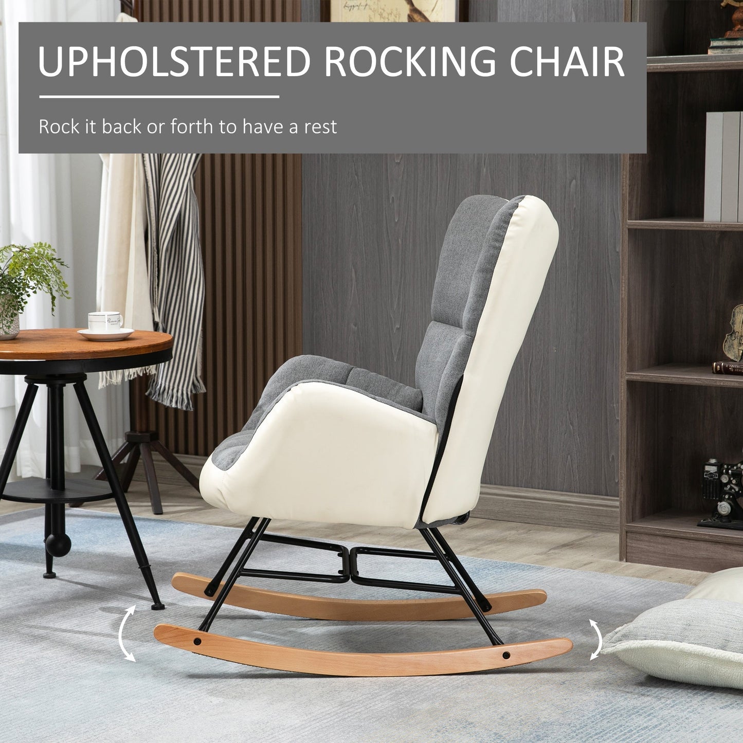 Rocking Chair for Nursery, Upholstered Wingback Armchair with Steel and Wood Legs for Living Room, Bedroom, Balcony, Grey and Cream