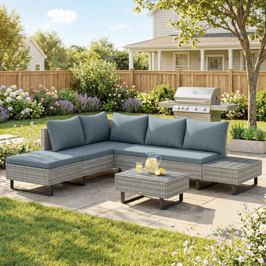 Outsunny 5 Seater Rattan Garden Furniture Set, L Shaped Garden Corner Sofa, Adjustable Back, Faux Wood Tables, Grey