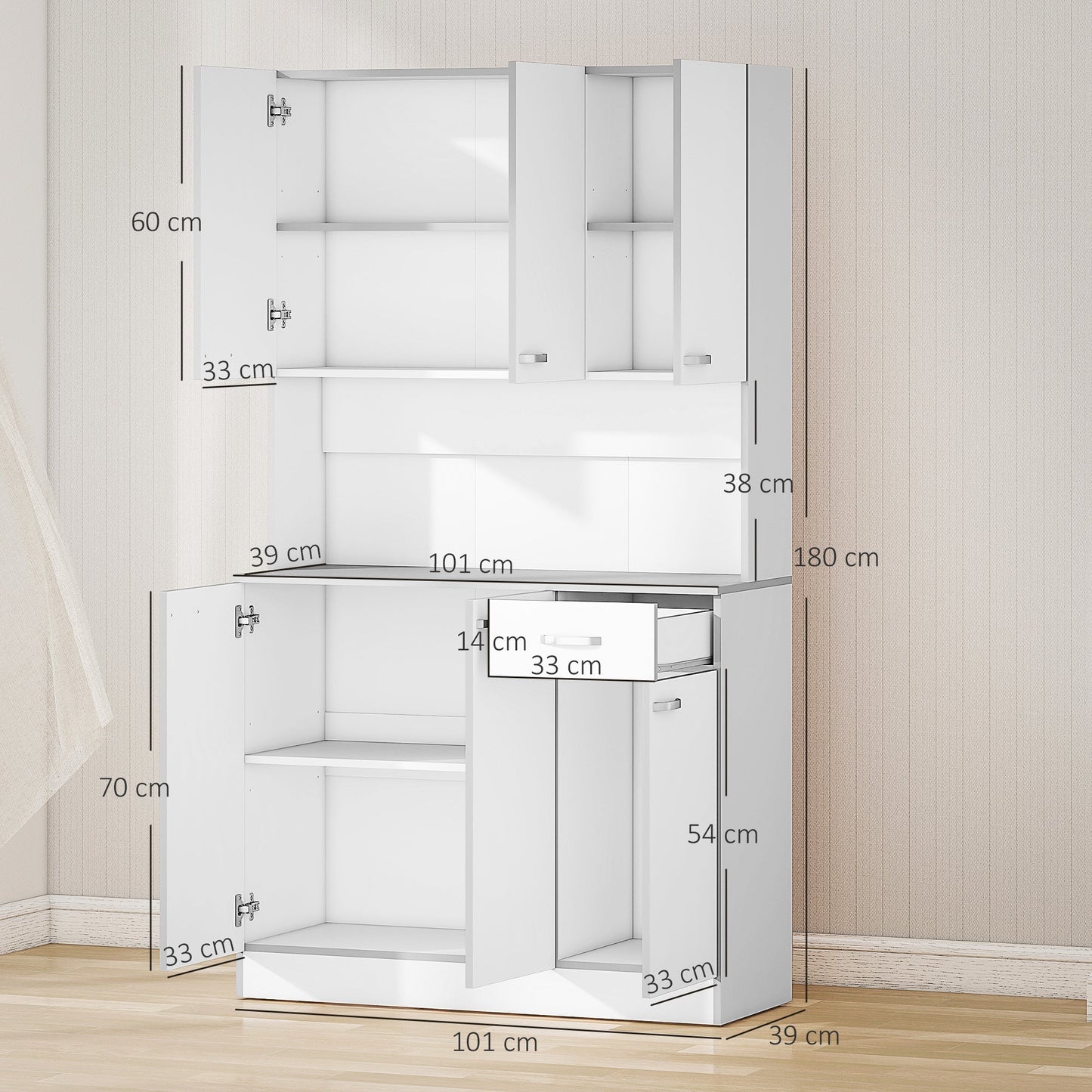 HOMCOM Kitchen Cupboard, Freestanding Kitchen Storage Cabinet with 6 Doors, Drawer, Adjustable Shelves and Open Countertop for Dining Room, White