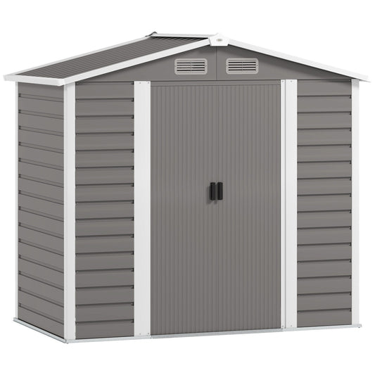 Outsunny 7 x 4ft Garden Shed, łatwy w montażu, ulepszona ocynkowana stalowa rama z zestawem fundamentowym, podwójne drzwi z zamkiem, metalowa szopa zewnętrzna z otworami wentylacyjnymi i rękawicami, ogrodowa szopa magazynowa, jasnoszary