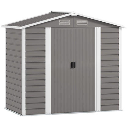 Outsunny 7 x 4ft Garden Shed, Easy to Assemble, Upgraded Galvanised Steel Frame with Foundation Kit, Double Doors with Lock, Outdoor Metal Shed with Vents and Gloves, Garden Storage Shed, Light Grey