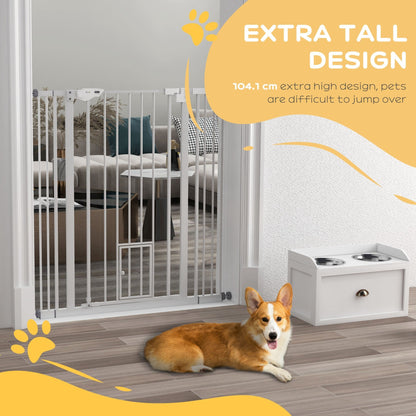 PawHut Extra Tall Indoor Dog Pet Baby Safety Gate, with Cat Flap, Auto Close, 74-101cm Wide - White