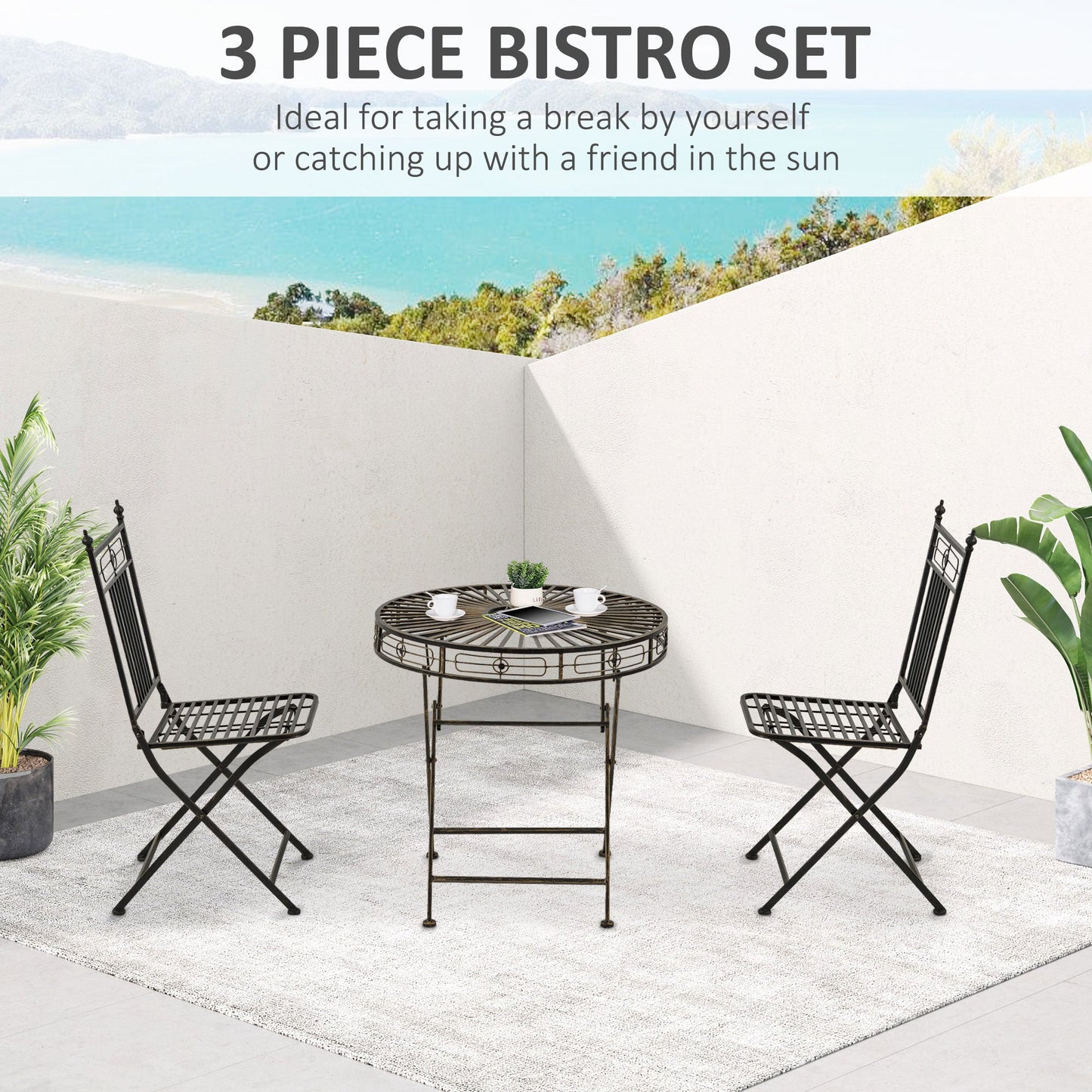 Outsunny 3 Piece Garden Bistro Set with 2 Folding Chairs and 1 Folding Table, Metal Frame for Lawn, Backyard and Porch, Bronze