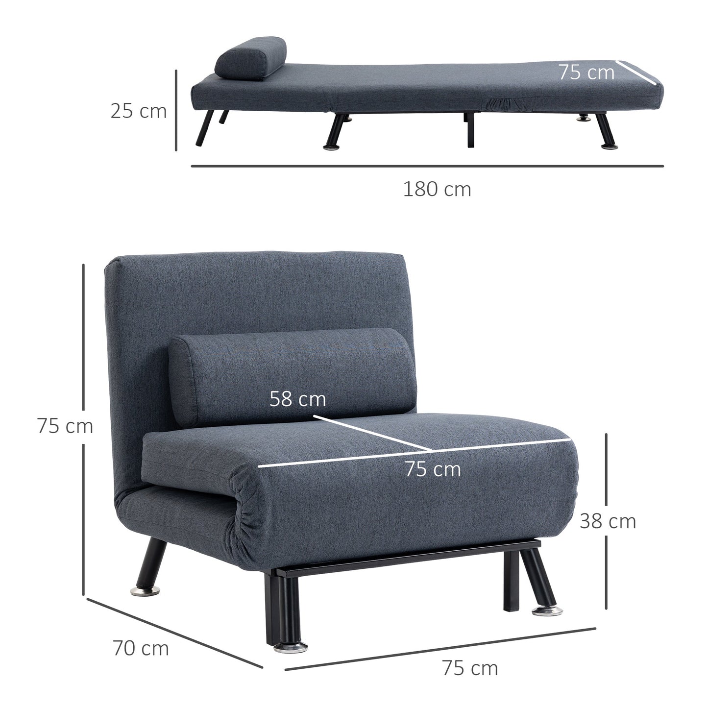 HOMCOM Single Sofa Bed, Chair Bed, 3-in-1 Convertible Sleeper Chair with Adjustable Backrest, Pillow, for Living Room, Bedroom, Black