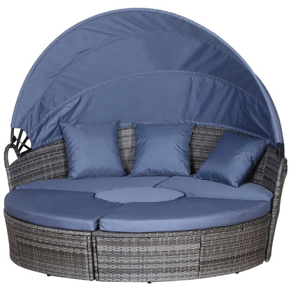 Outsunny Outdoor PE Rattan Garden Furniture with Cushioned, Patio Wicker Conversation Furniture Set, Round Daybed with Retractable Canopy, Coffee Table and Three Pillows, Grey/Blue Grey
