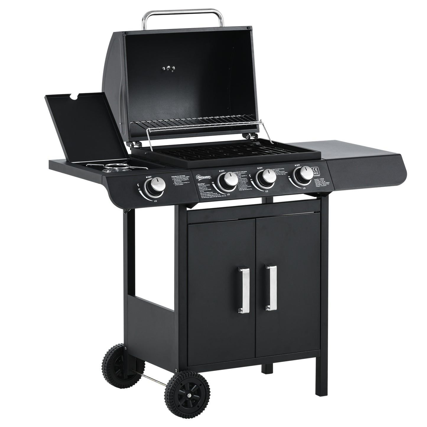 Outsunny 3+1 palnikowy grill gazowy, wózek do grilla na zewnątrz z kółkami, ruszt do podgrzewania, półki boczne, szafka, termometr do ogrodu, na imprezę, kemping, 110L x 50W x 100Hcm, czarny
