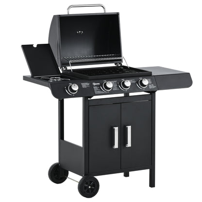 Outsunny 3+1 palnikowy grill gazowy, wózek do grilla na zewnątrz z kółkami, ruszt do podgrzewania, półki boczne, szafka, termometr do ogrodu, na imprezę, kemping, 110L x 50W x 100Hcm, czarny