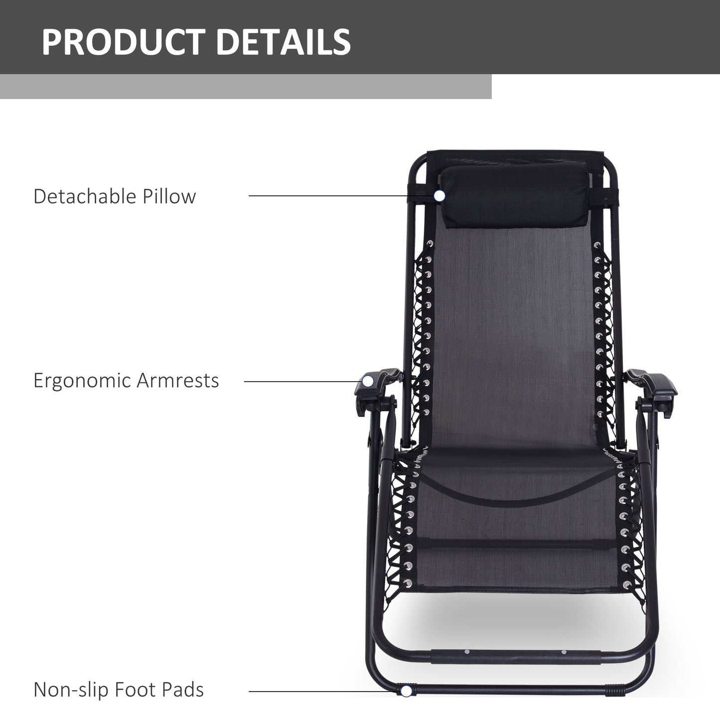 Outsunny Zero Gravity Chair Set of 2, Metal Frame Texteline Armchair Outdoor Folding and Reclining Sun Lounger with Head Pillow for Patio Decking Gardens Camping, Black