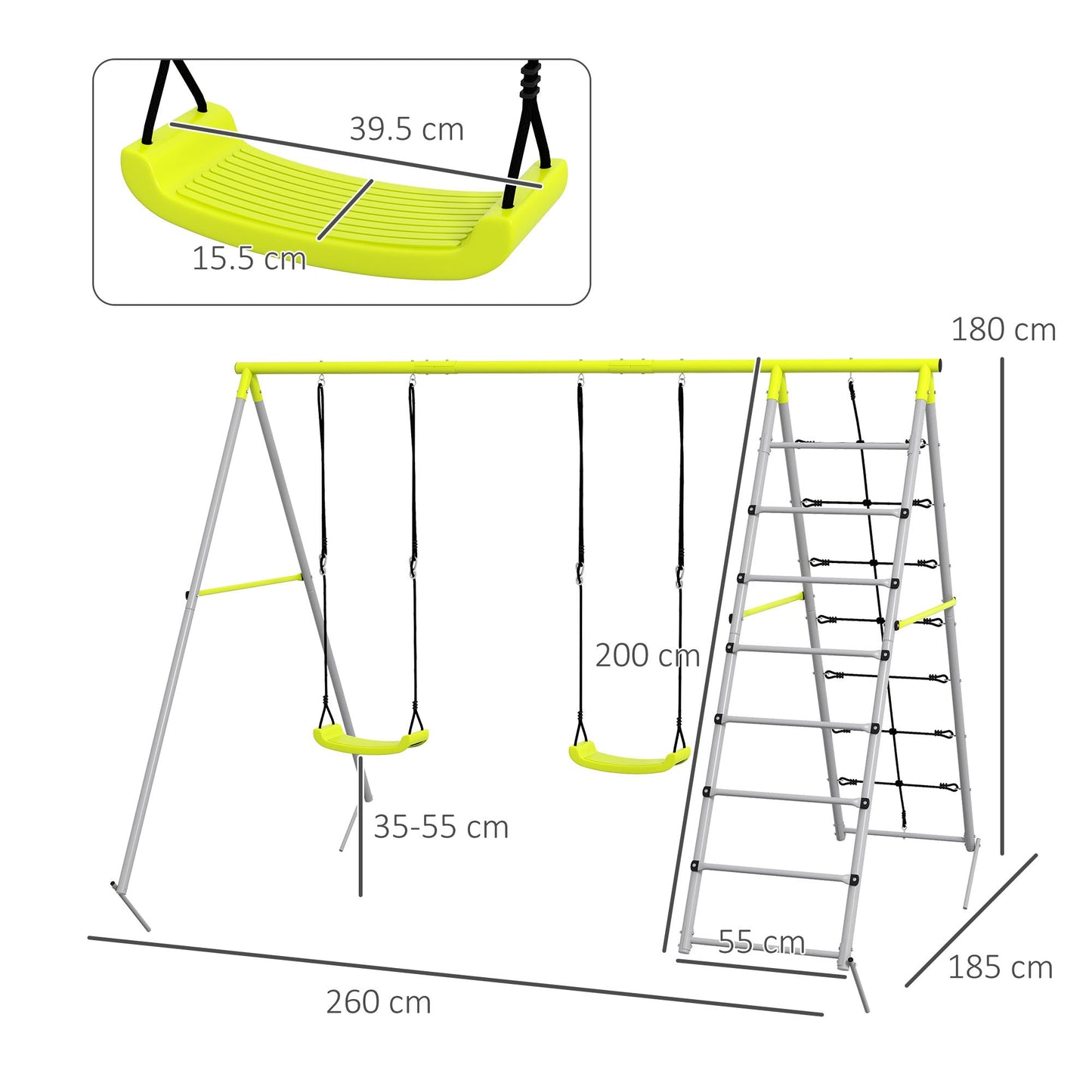 Outsunny 4 in 1 Metal Garden Swing Set with Double Swings Climber Climbing Net Green