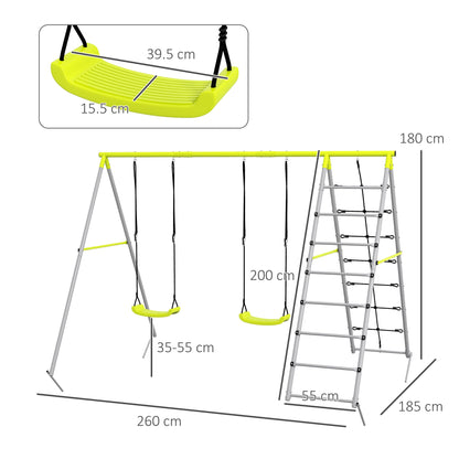 Outsunny 4 in 1 Metal Garden Swing Set with Double Swings Climber Climbing Net Green