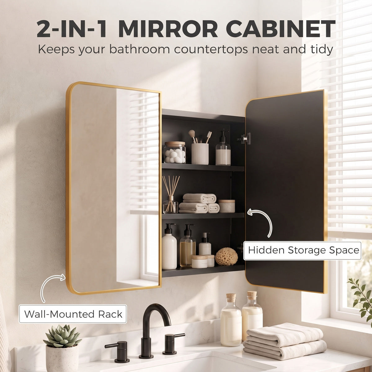 HOMCOM 76.2 x 11.6 x 61 cm Bathroom Mirror Cabinet, Wall Cabinet with Adjustable Shelves, Wall-Mounted or Recessed, Gold Tone