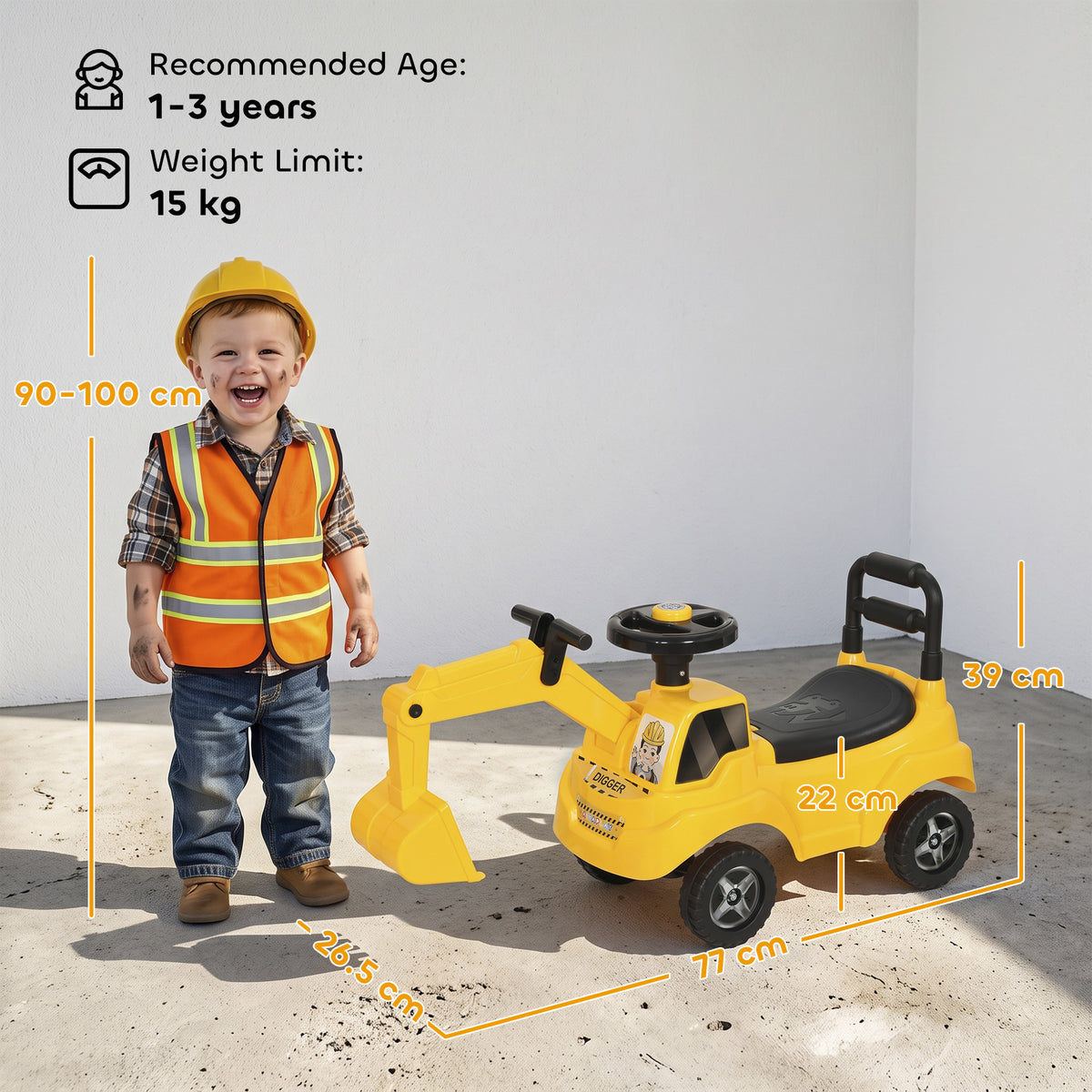 AIYAPLAY Ride On Tractor Digger, Toddler Excavator Toy Car with Adjustable Bucket, Horn, Under Seat Storage for Ages 1-3 Y Yellow