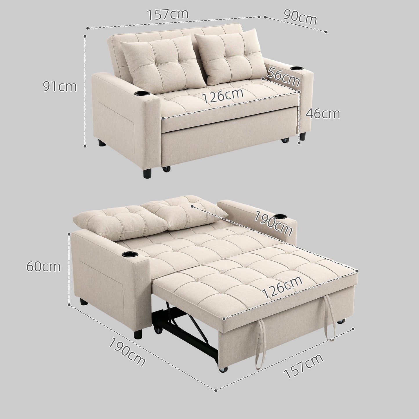 HOMCOM Two-Seater Pull-Out Sofa Bed - Beige