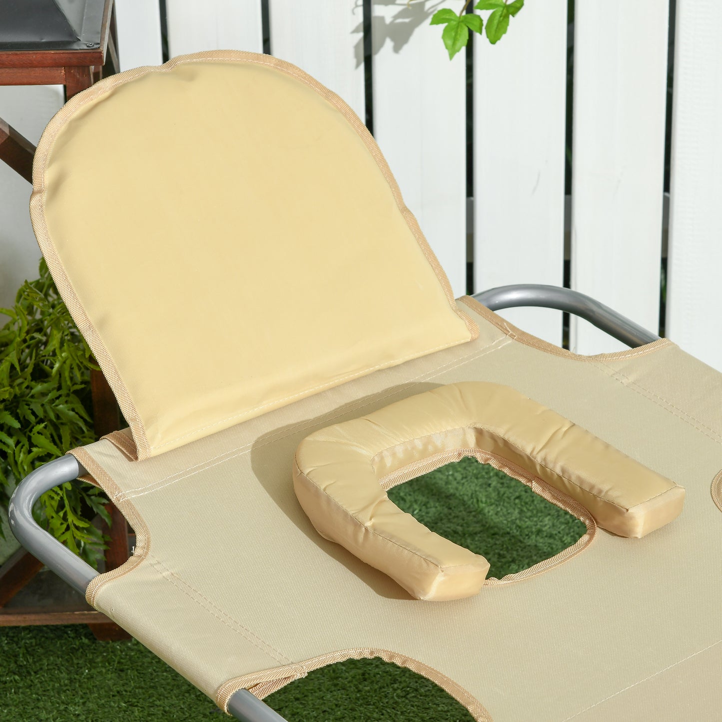 Outsunny Foldable Sun Lounger, Beach Chaise Lounge with Reading Hole, Arm Slots, 5-Position Adjustable Backrest, Side Pocket, Pillow for Garden, Beach, Pool, Beige