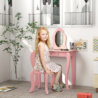 ZONEKIZ Kids Dressing Table with Mirror and Stool, Girls Vanity Table Makeup Desk with Drawer, Cute Animal Design, for 3-6 Years - Pink