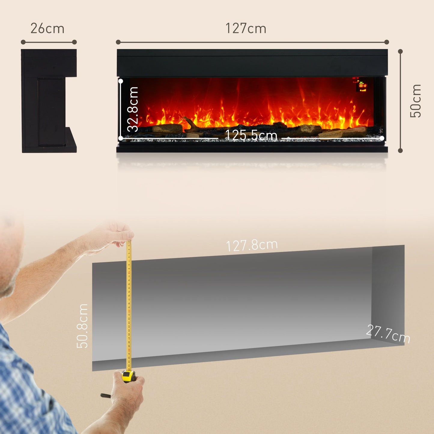 HOMCOM 1800W 15-40√¢‚Äû∆í Regulowany płomień szklany panel konwektorowy, 127 cm