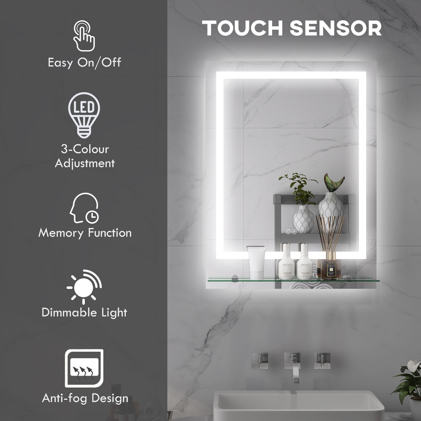 Lustro łazienkowe kleankin LED z oświetleniem i półką, podświetlane lustro do makijażu, lustro toaletkowe z 3 kolorami, Smart Touch, przeciwmgielne