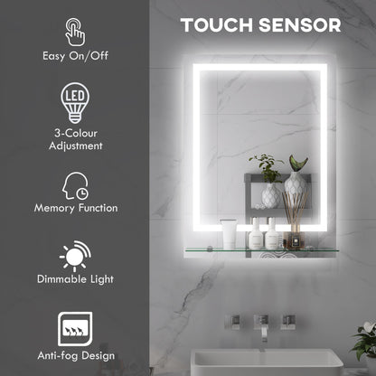 Lustro łazienkowe kleankin LED z oświetleniem i półką, podświetlane lustro do makijażu, lustro toaletkowe z 3 kolorami, Smart Touch, przeciwmgielne